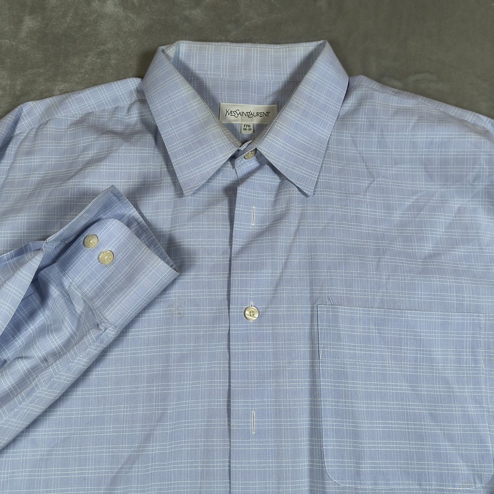Vintage Yves Saint Laurent Shirt Men XL 17.5 Plaid Long Sleeve Button Up USA